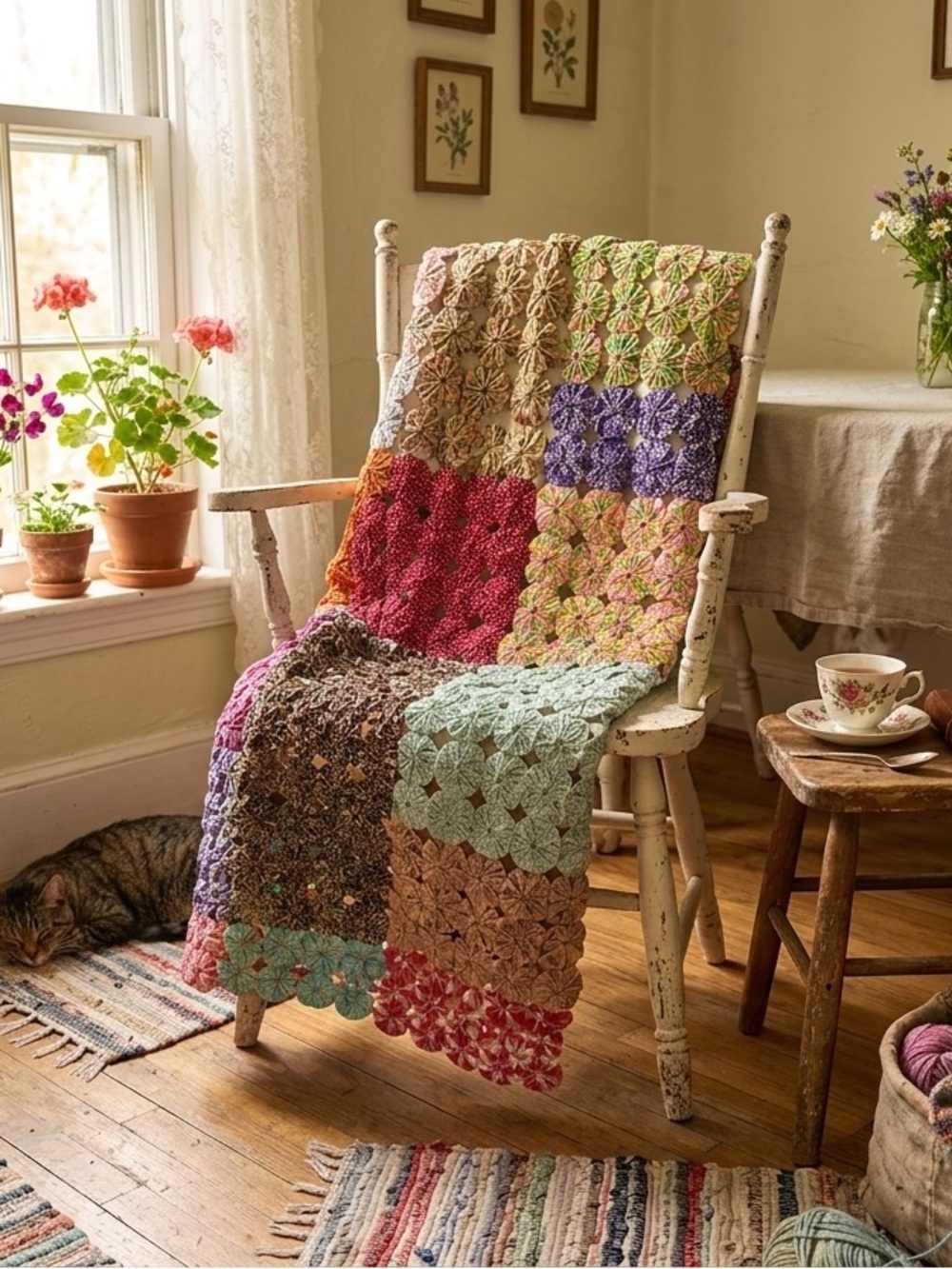 Handmade Vintage Patchwork Yo Yo crochet Throw Blanket - Cozy Home Bedding